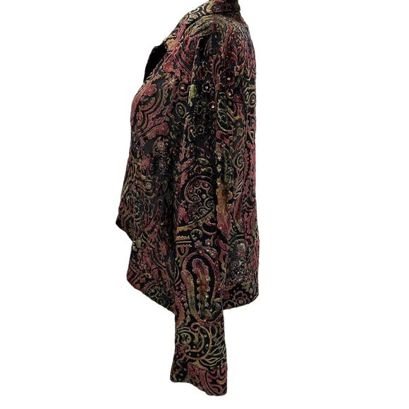Chicos Sz 2 Lg Black Multicolored Open Velvet Burnout Relaxed Cardigan Blouse - Picture 5 of 11